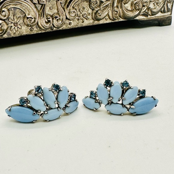 Blue Deco Signed Rhinestone Vintage Earrings - Picture 1 of 17